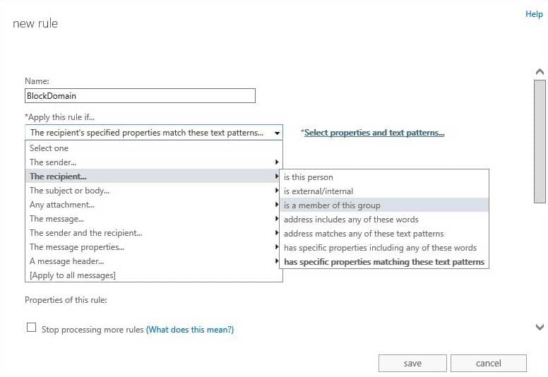 Reject inbound emails sent to a specific domain - Matching Text Patterns