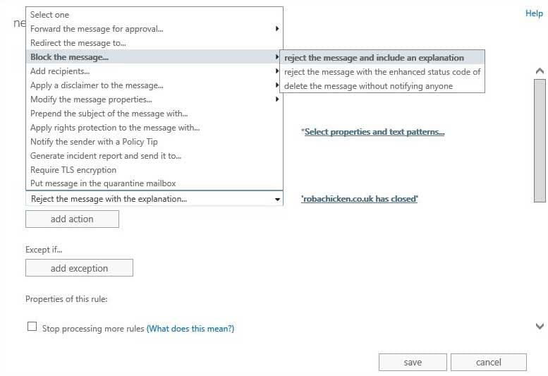Reject inbound emails sent to a specific domain - Reject Message